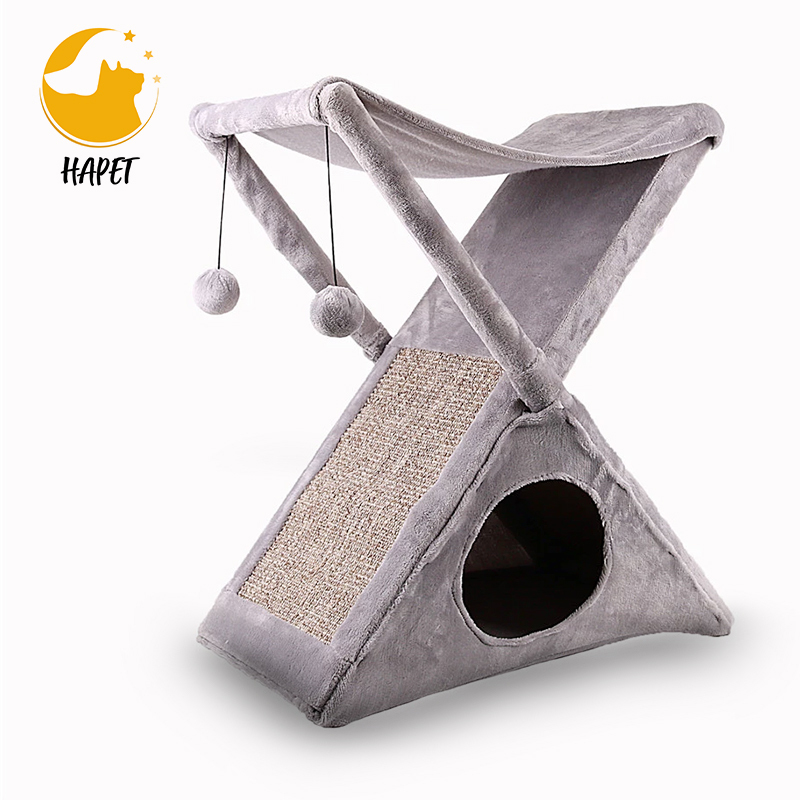 Foldable Cat Tower Tree Plush Folding House with Hammock with Scratching Pad