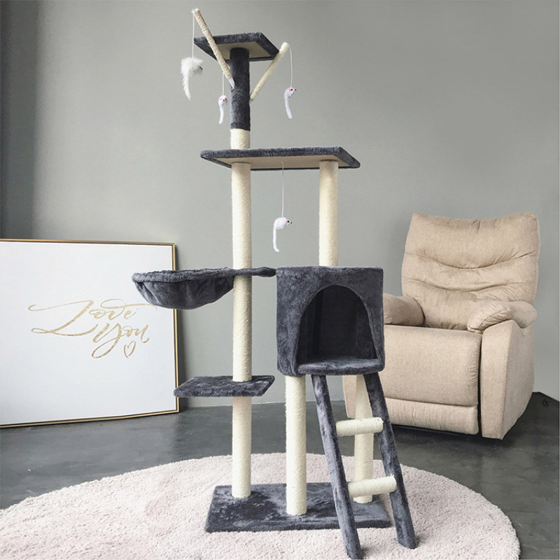 Larger Grey Climbing Tree Cat Tower House Cat Tree Condo with Sisal-Covered Scratching Post Plush Perch Hammock