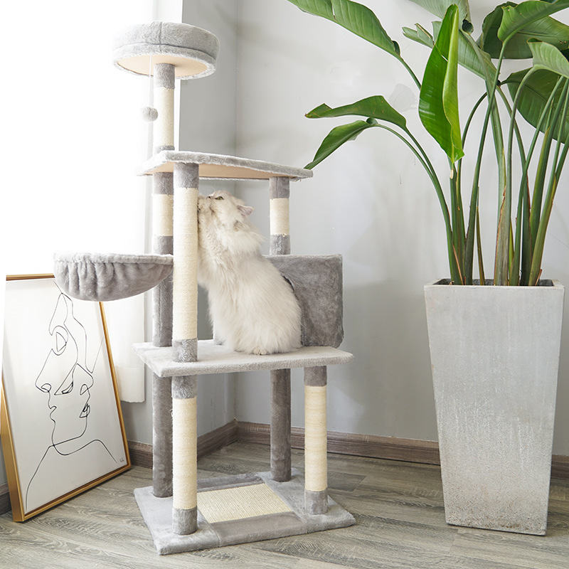 Larger Grey Climbing Tree Cat Tower House Cat Tree Condo with Sisal-Covered Scratching Post Plush Perch Hammock