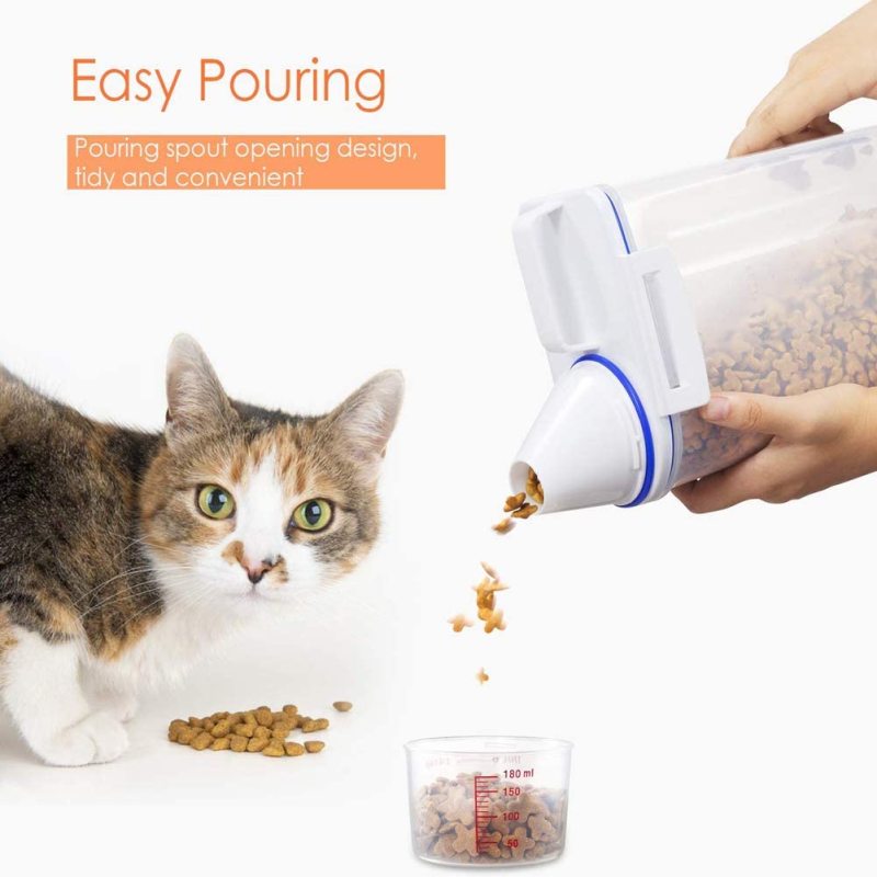 Pet Food Storage Container with Pour Spout and Measuring Cup, BPA-Free Plastic,Airtight Pet Dry Food Dispenser and Seal Buckles