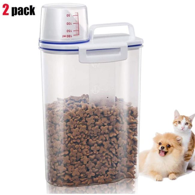 Pet Food Storage Container with Pour Spout and Measuring Cup, BPA-Free Plastic,Airtight Pet Dry Food Dispenser and Seal Buckles