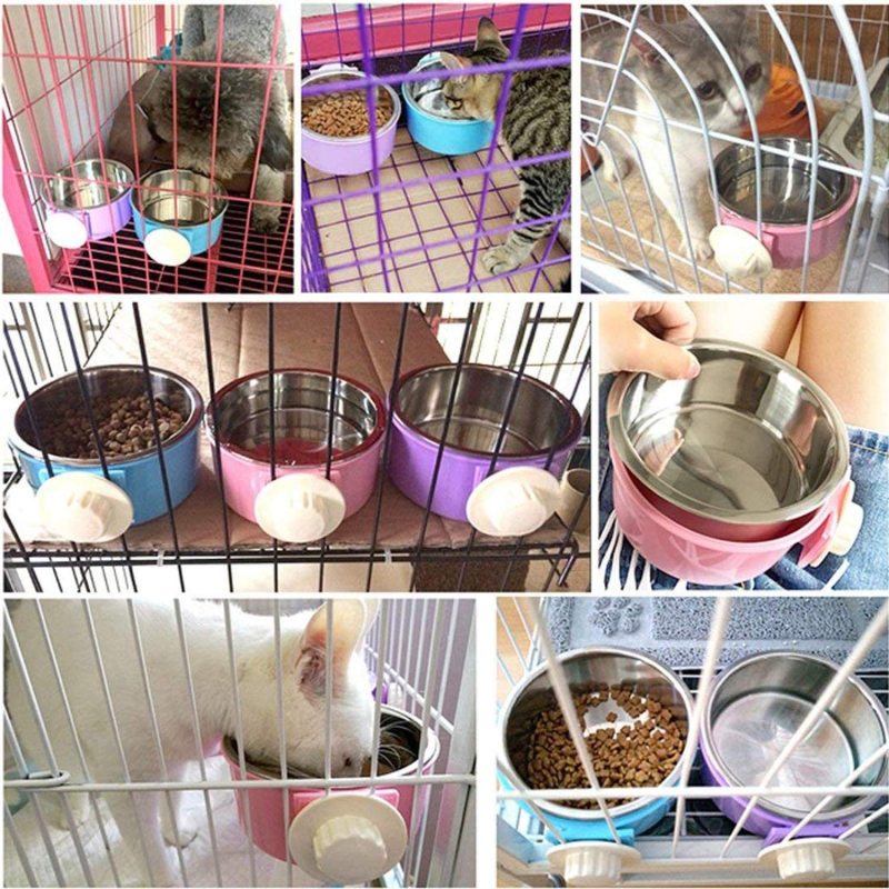 Crate Dog Food Water Bowls 2-in-1 Plastic Kennel Stainless Steel Pet Removable Hanging Cat Feeder Coop