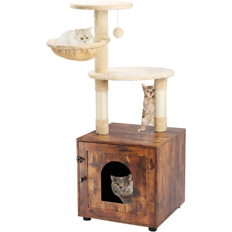 Indoor Cat Litter Box Furniture with Cat Tree Tower Wooden Cat House