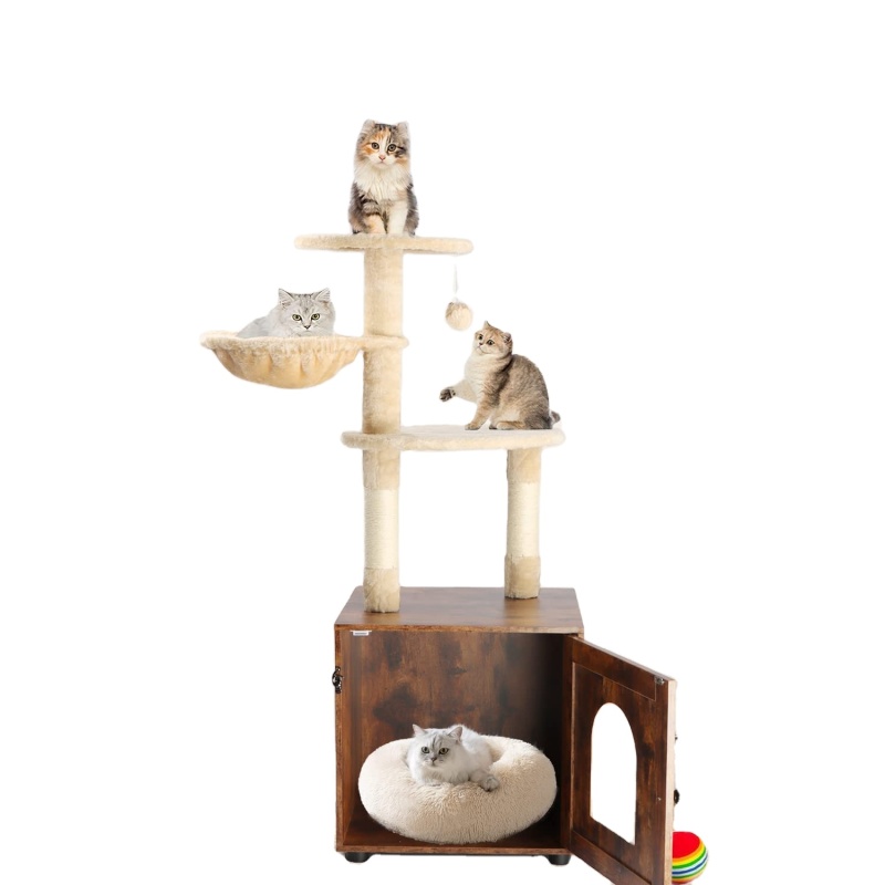 Indoor Cat Litter Box Furniture with Cat Tree Tower Wooden Cat House