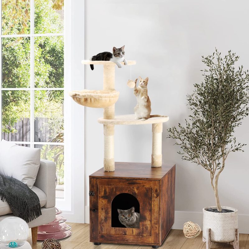 Indoor Cat Litter Box Furniture with Cat Tree Tower Wooden Cat House