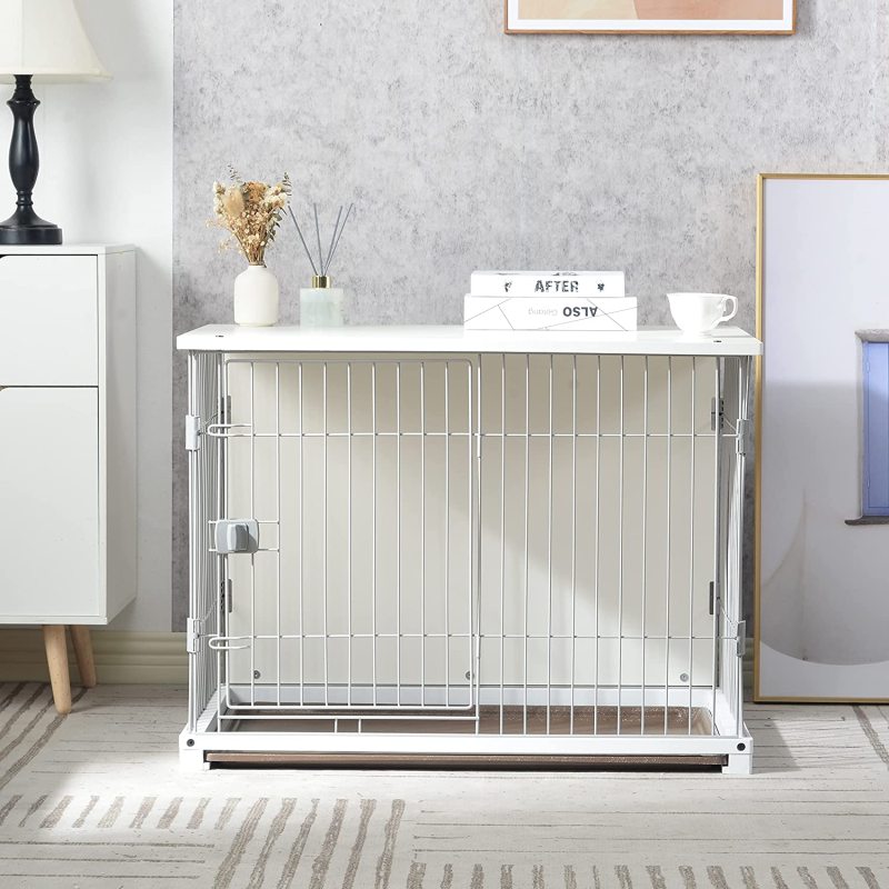 Furniture-Style Dog House Crates Wooden Structure Pets Kennel Crate with Movable Salver