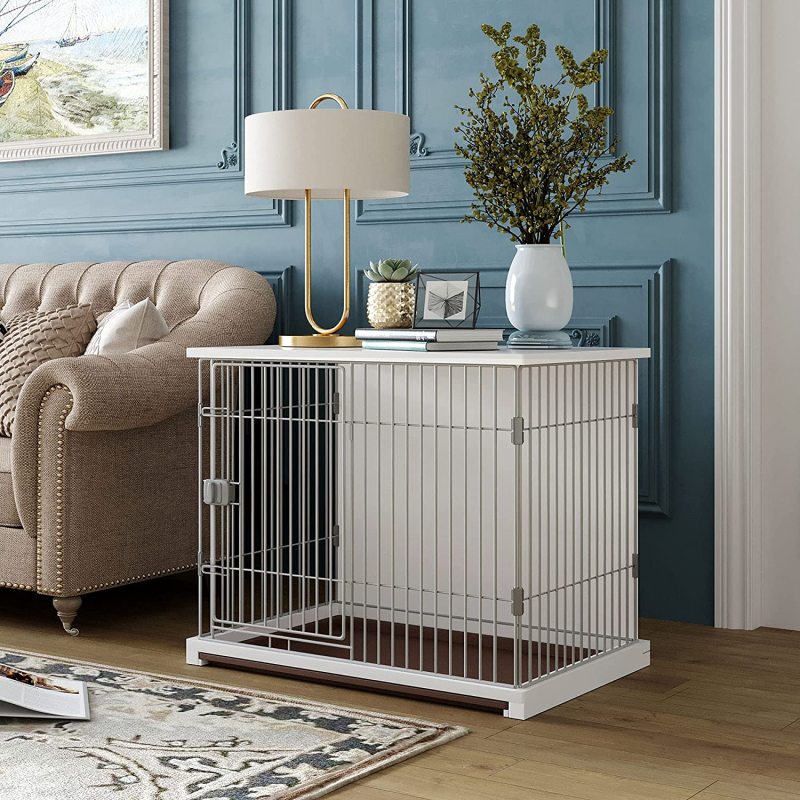 Furniture-Style Dog House Crates Wooden Structure Pets Kennel Crate with Movable Salver