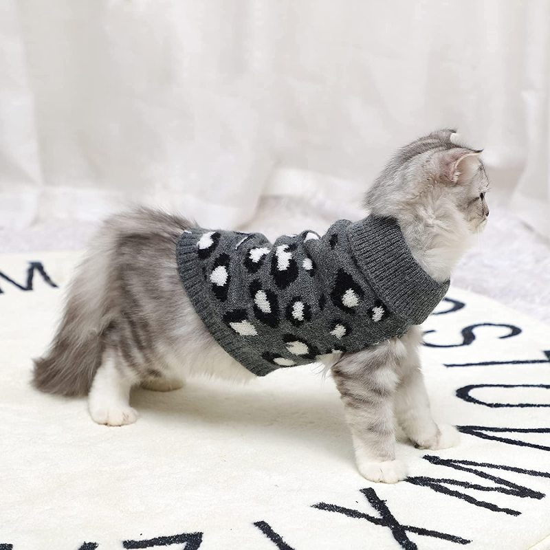 Cat Sweater Turtleneck Leopard Pattern Kitty Sweater Warm Pet Sweater for Fall Winter Over