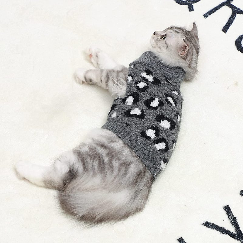 Cat Sweater Turtleneck Leopard Pattern Kitty Sweater Warm Pet Sweater for Fall Winter Over