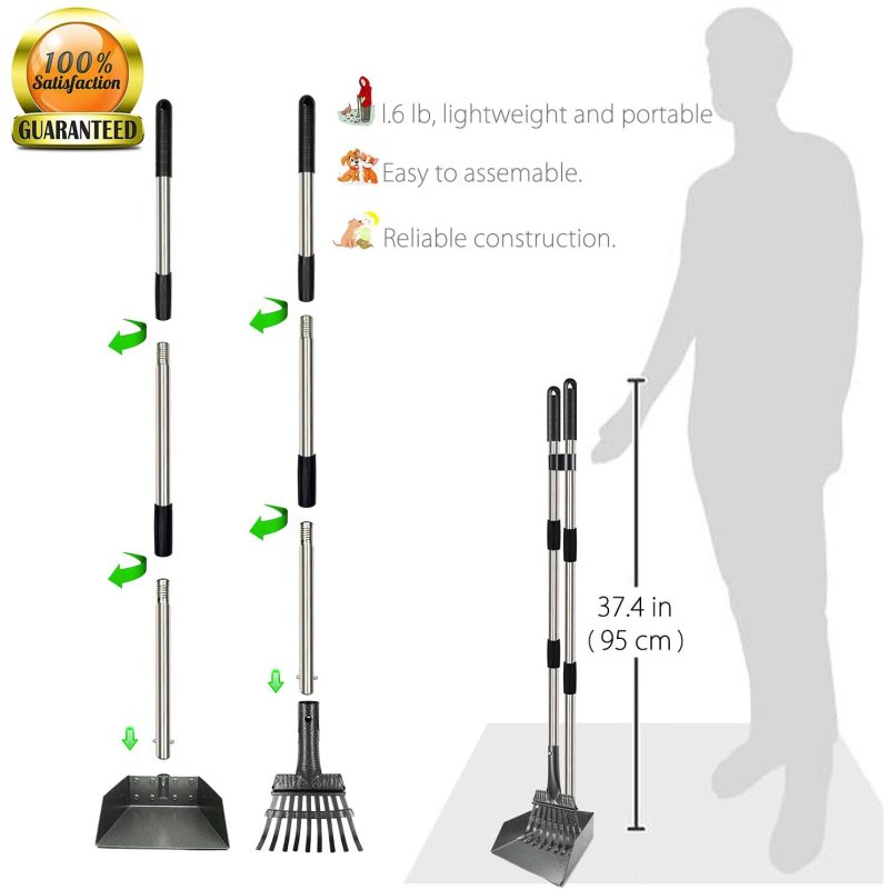Dog Pooper Scooper, Adjustable Long Handle Rake & Scooper Set, Strong and Sturdy, Rust-Proof Metal Poop Scooper