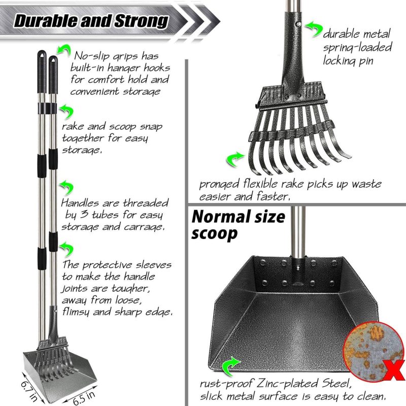 Dog Pooper Scooper, Adjustable Long Handle Rake & Scooper Set, Strong and Sturdy, Rust-Proof Metal Poop Scooper