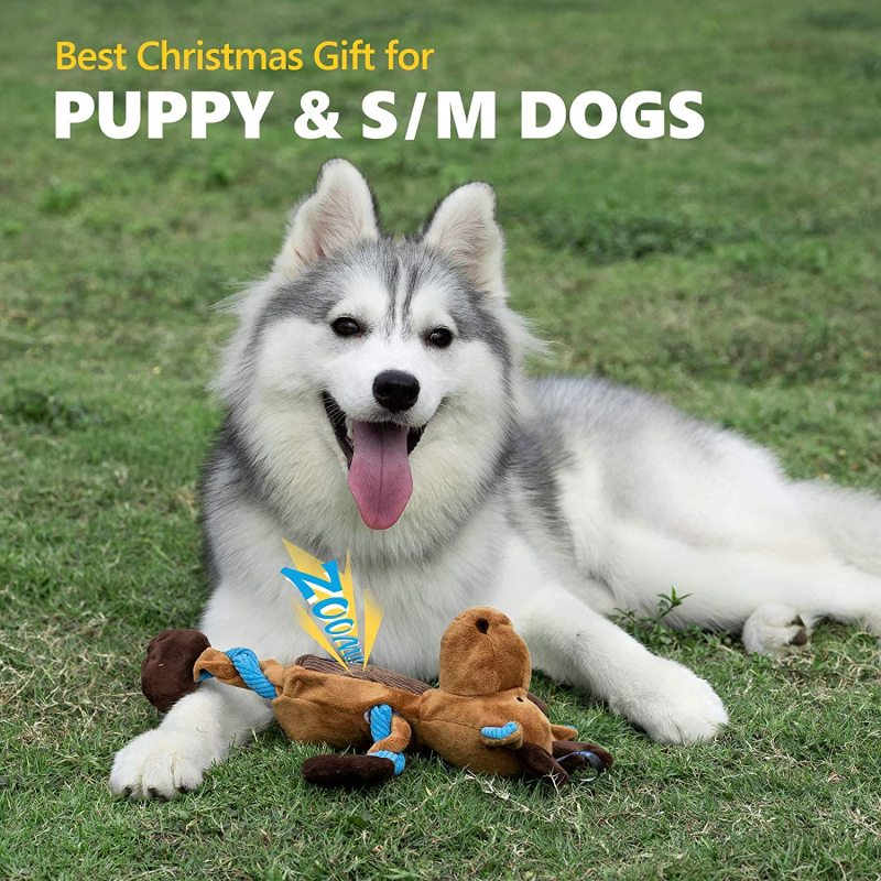 Reindeer Dog Squeaky Toys: Cute Plush Stuffed Puppy Chew Toy with 6 Squeaker for Small | Medium Breed