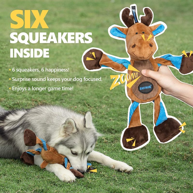 Reindeer Dog Squeaky Toys: Cute Plush Stuffed Puppy Chew Toy with 6 Squeaker for Small | Medium Breed