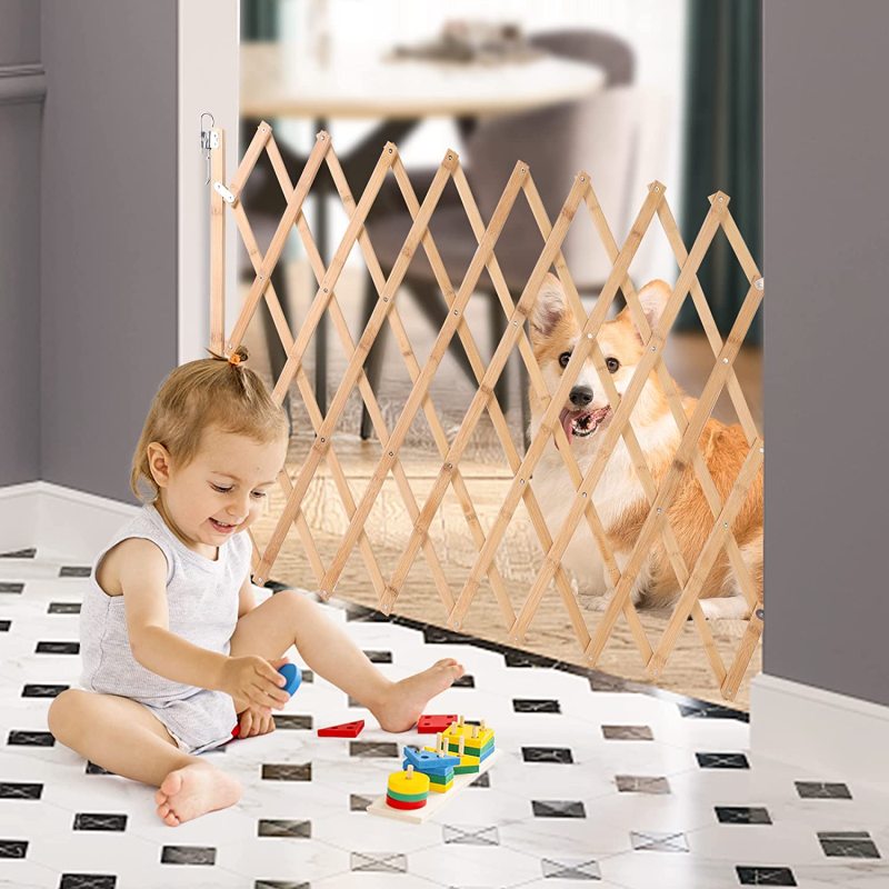 Haustiertor, erweiterbarer Hundezaun, Holz-Fliegengitter, Akkordeontore, tragbar für Türöffnungen, Hundetor, Haustiersicherheit, Terrasse, Garten, Rasen