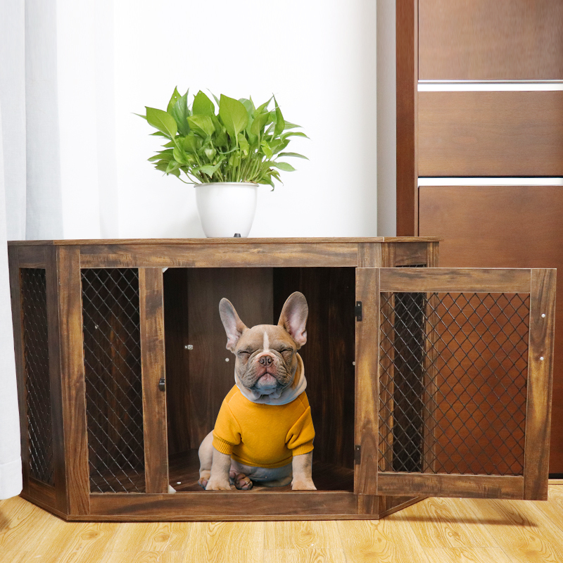 Dog Kennel with Wood and Mesh Furniture Corner Dog House Crate with Cushion
