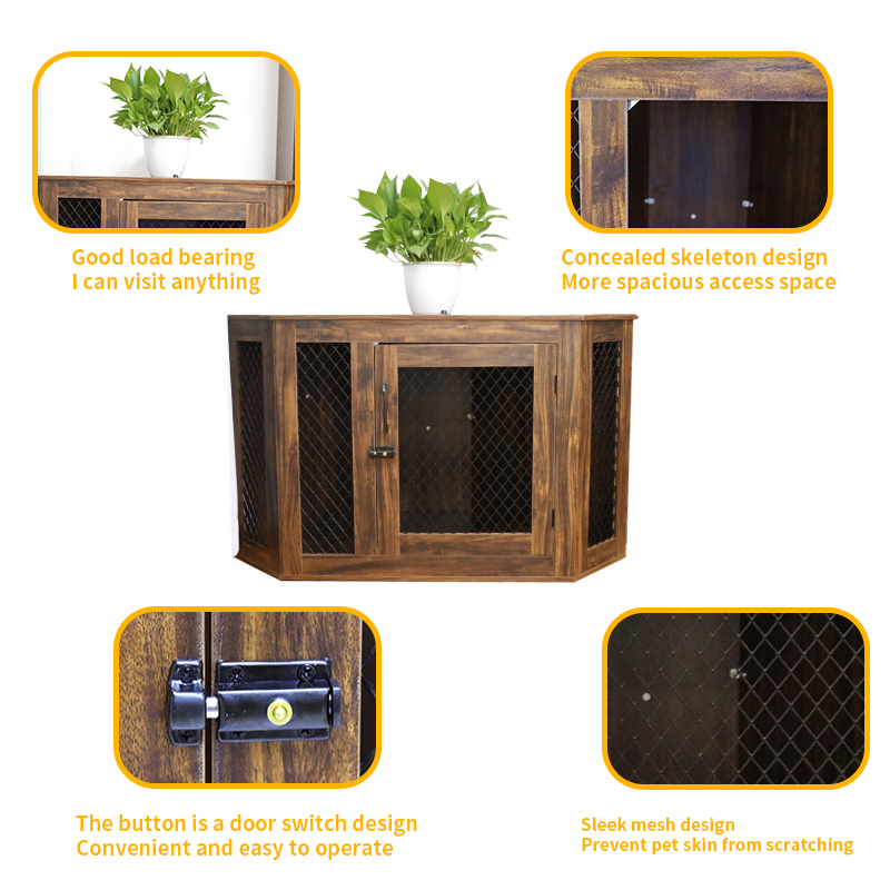 Dog Kennel with Wood and Mesh Furniture Corner Dog House Crate with Cushion
