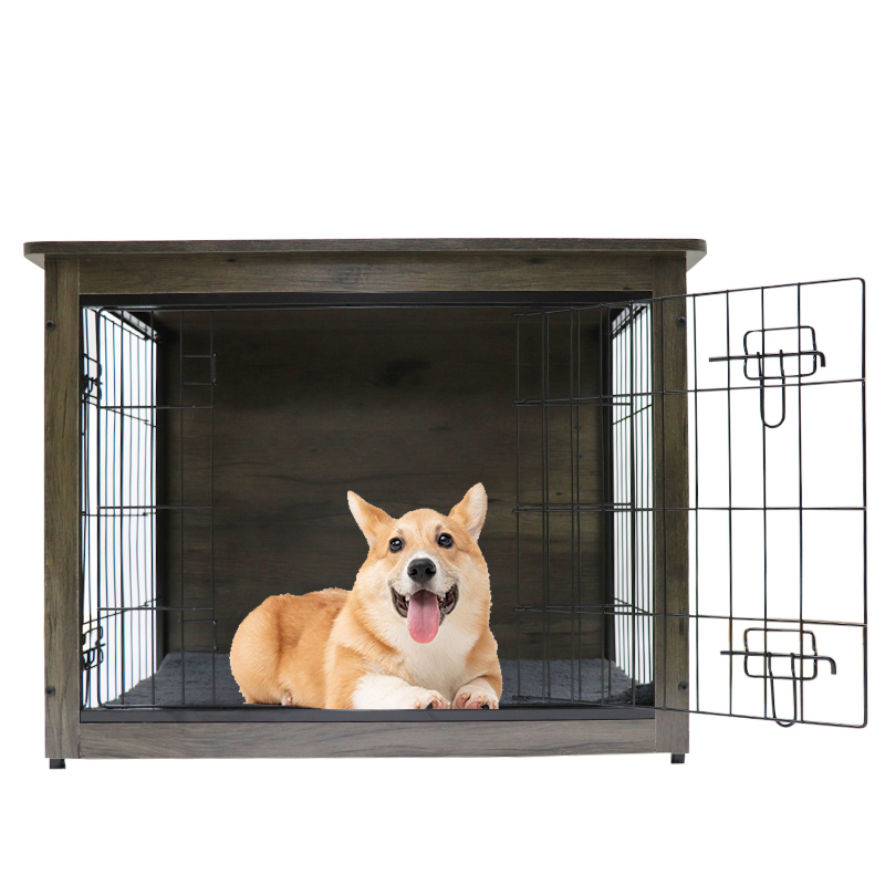 Dog Kennel with Wood and Mesh Furniture Corner Dog House Crate with Cushion