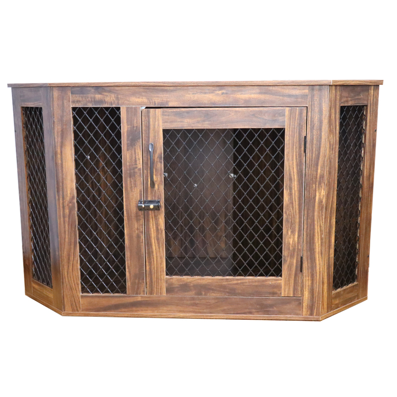Dog Kennel with Wood and Mesh Furniture Corner Dog House Crate with Cushion