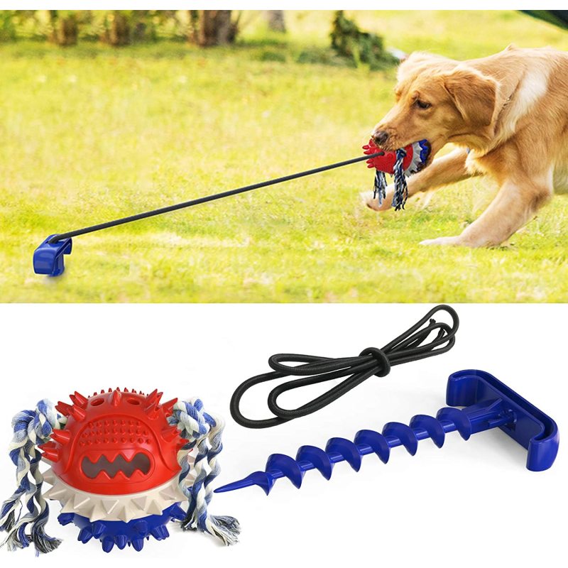 Dog-tug-of-war toy-Fix the tie-out stick on the lawn or soft ground, or directly wrap the elastic rope