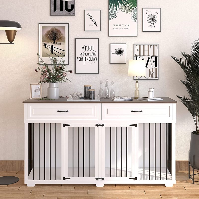 Dog Crate Furniture Wooden Kennel, Modern Decorative End Table,  House with Double Doors, Drawers