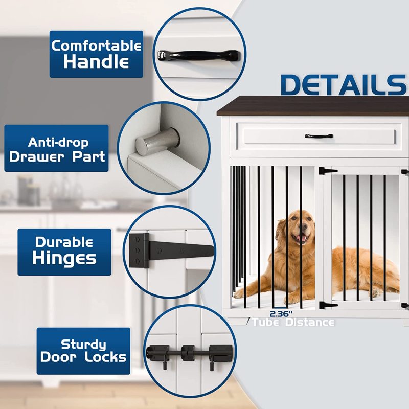 Dog Crate Furniture Wooden Kennel, Modern Decorative End Table,  House with Double Doors, Drawers