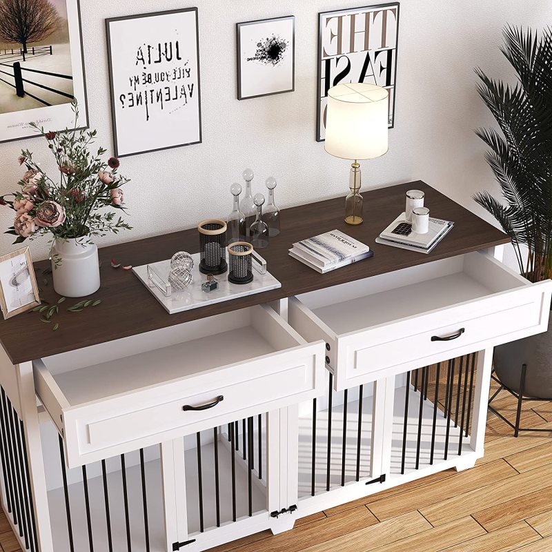 Dog Crate Furniture Wooden Kennel, Modern Decorative End Table,  House with Double Doors, Drawers