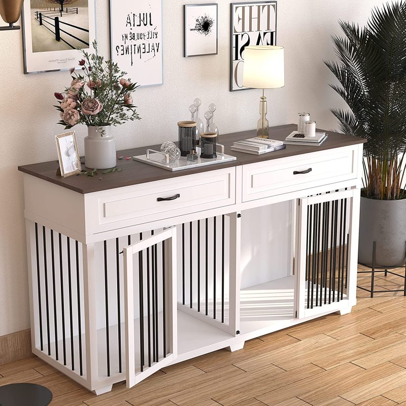 Dog Crate Furniture Wooden Kennel, Modern Decorative End Table,  House with Double Doors, Drawers