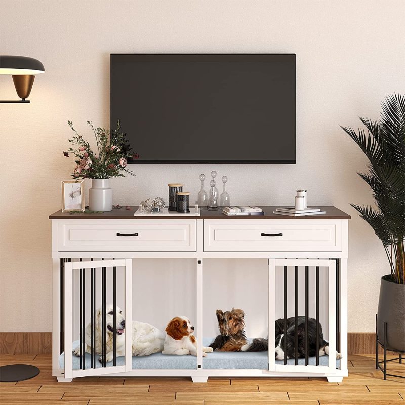 Dog Crate Furniture Wooden Kennel, Modern Decorative End Table,  House with Double Doors, Drawers