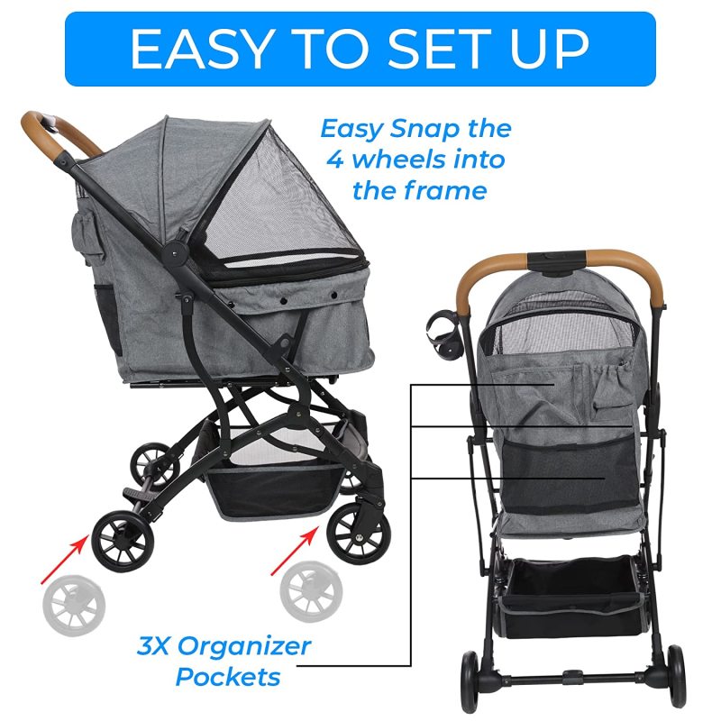 Travel Carrier Pet Stroller Easy One Click Folding Pull Behind Compact Design - Soft Ride Animal Wagon with Storage Pockets