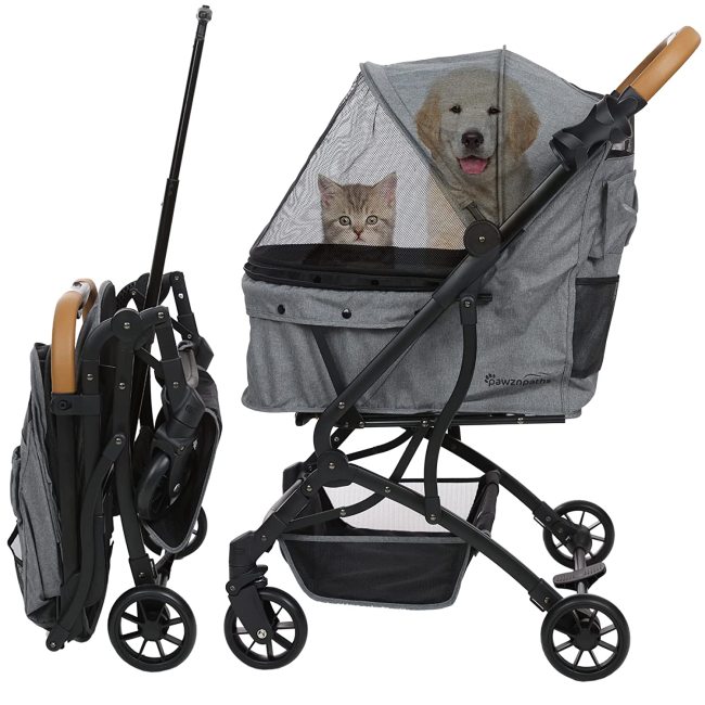 Travel Carrier Pet Stroller Easy One Click Folding Pull Behind Compact Design - Soft Ride Animal Wagon with Storage Pockets