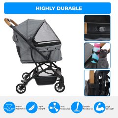 Travel Carrier Pet Stroller Easy One Click Folding Pull Behind Compact Design - Soft Ride Animal Wagon with Storage Pockets