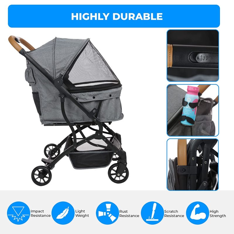 Travel Carrier Pet Stroller Easy One Click Folding Pull Behind Compact Design - Soft Ride Animal Wagon with Storage Pockets