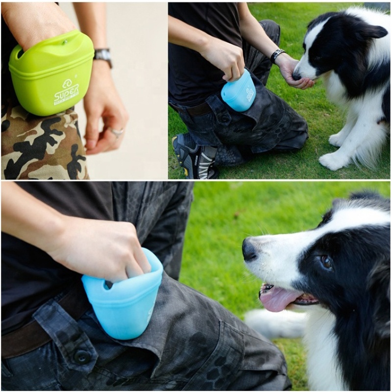 silicone new design hands free dog training treat pooch pouch big botton clicker dog treat