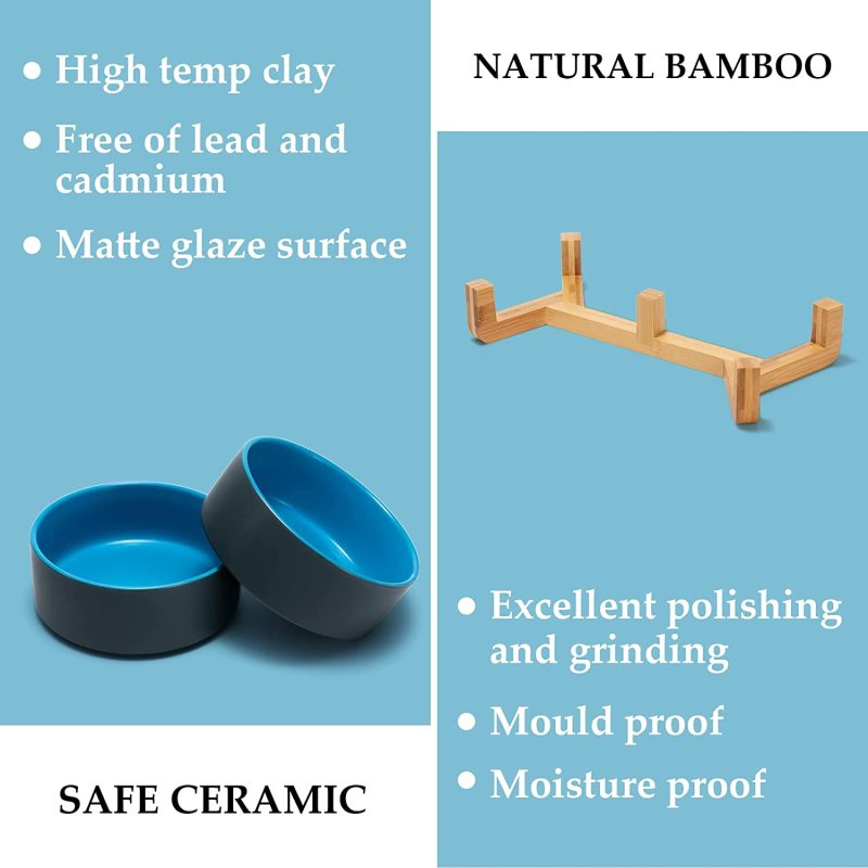 Ceramic Dog Bowl with Wood Stand Non-Slip Matte Glaze Weighted Food Water Set
