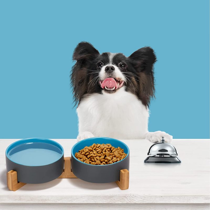 Ceramic Dog Bowl with Wood Stand Non-Slip Matte Glaze Weighted Food Water Set