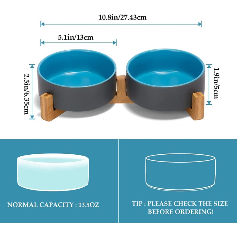 Ceramic Dog Bowl with Wood Stand Non-Slip Matte Glaze Weighted Food Water Set