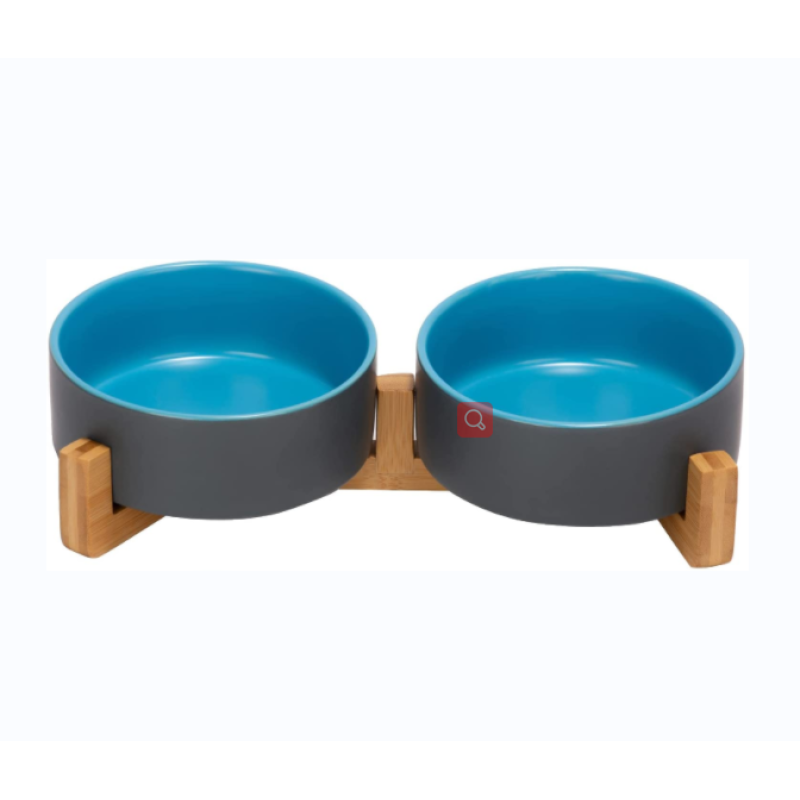 Ceramic Dog Bowl with Wood Stand Non-Slip Matte Glaze Weighted Food Water Set