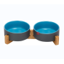 Ceramic Dog Bowl with Wood Stand Non-Slip Matte Glaze Weighted Food Water Set