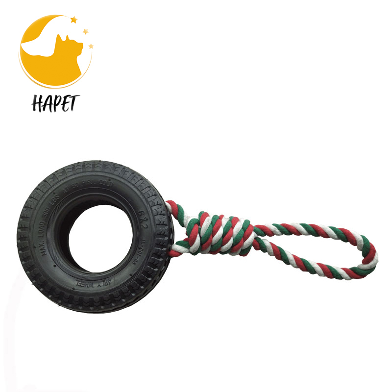 Tyre shaped tough dog toy chew barking rubber tire with rope for dog molar tooth cleaning tyre