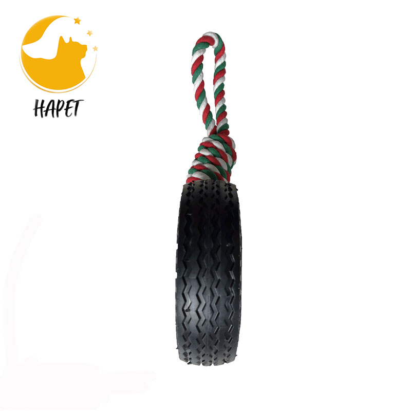Tyre shaped tough dog toy chew barking rubber tire with rope for dog molar tooth cleaning tyre