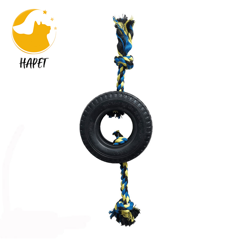 Tyre shaped tough dog toy chew barking rubber tire with rope for dog molar tooth cleaning tyre