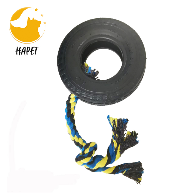 Tyre shaped tough dog toy chew barking rubber tire with rope for dog molar tooth cleaning tyre