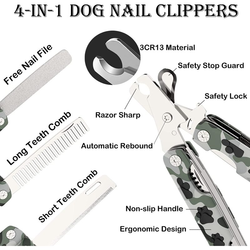 4 in 1 Professional Heavy Duty Metal Dog Cat Nail Trimmer with Nail File Grooming Comb Dog Toenail Clipper Pet Nail Clipper for