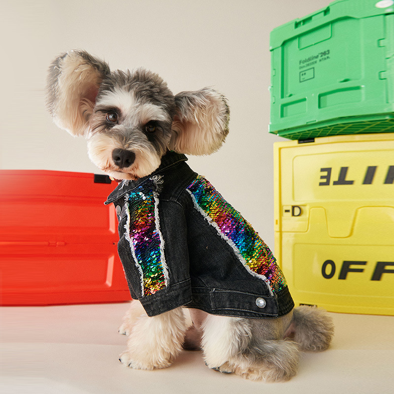 Dog Jean Jacket Blue Denim Bling Sequins  Lapel Vest Coat T-Shirt Cute Girl Boy Dog Puppy Clothes