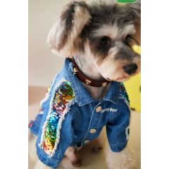Dog Jean Jacket Blue Denim Bling Sequins  Lapel Vest Coat T-Shirt Cute Girl Boy Dog Puppy Clothes