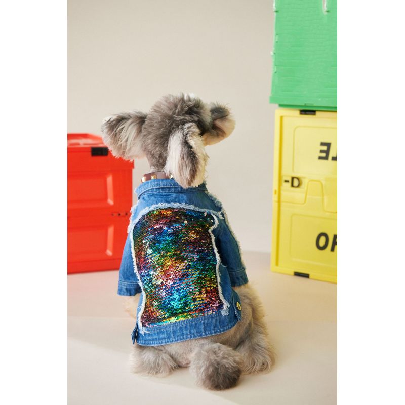 Dog Jean Jacket Blue Denim Bling Sequins  Lapel Vest Coat T-Shirt Cute Girl Boy Dog Puppy Clothes