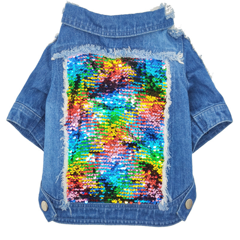 Dog Jean Jacket Blue Denim Bling Sequins  Lapel Vest Coat T-Shirt Cute Girl Boy Dog Puppy Clothes