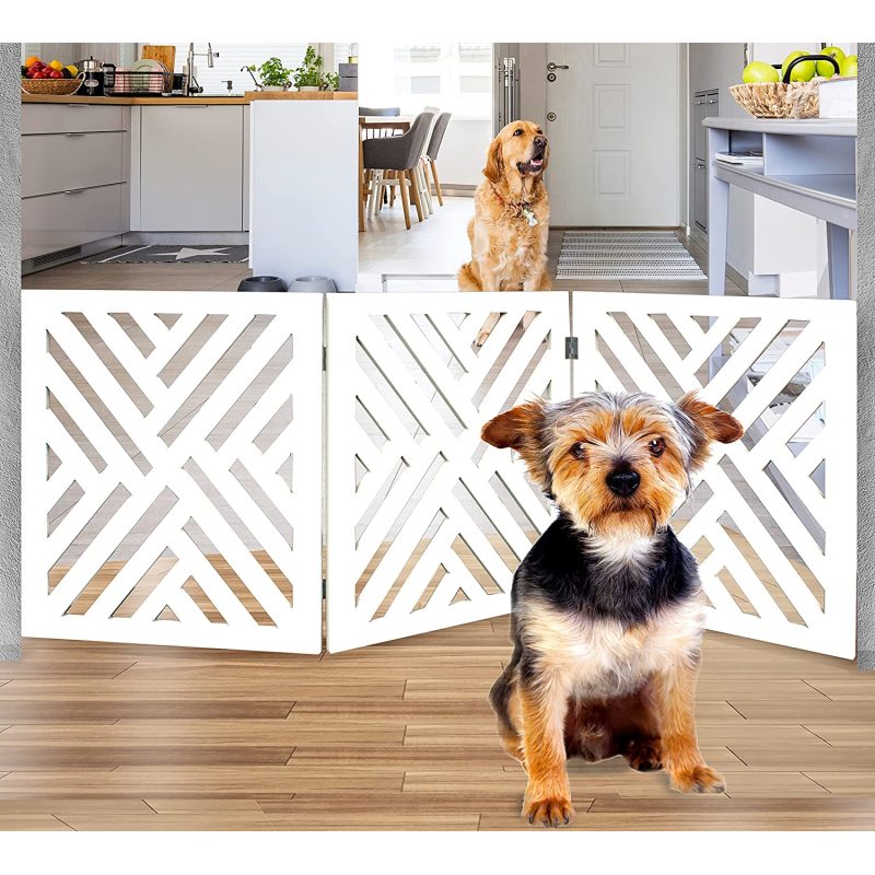 Freestanding Dog Gate Expandable Decorative Wooden Fence for Small to Medium Pet Dogs, Barrier for Stairs, Doorways, & Hallways
