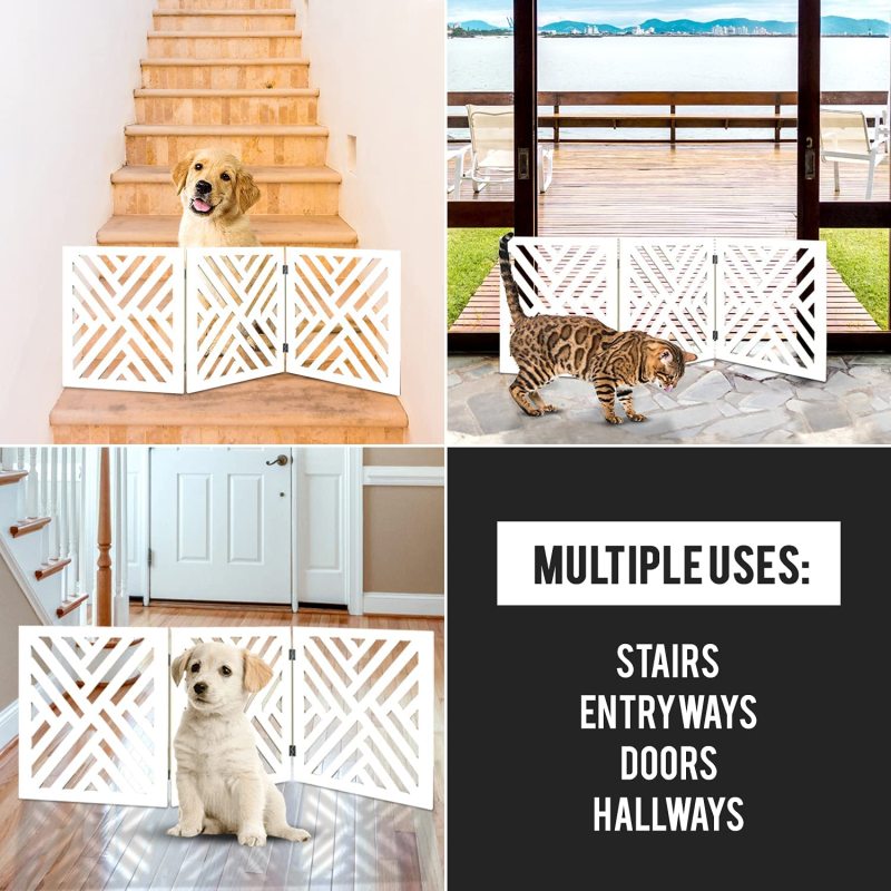 Freestanding Dog Gate Expandable Decorative Wooden Fence for Small to Medium Pet Dogs, Barrier for Stairs, Doorways, & Hallways