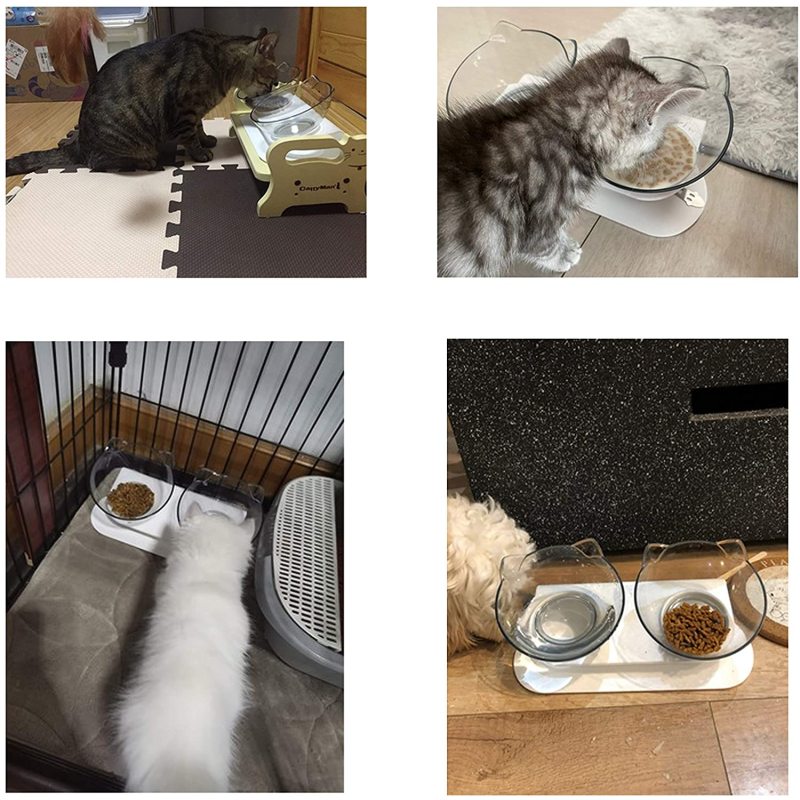Double Cat Bowl Tilted Platform Cat Feeders Food and Water Bowls,Reduce Neck Pain for Cats and Small Dogs